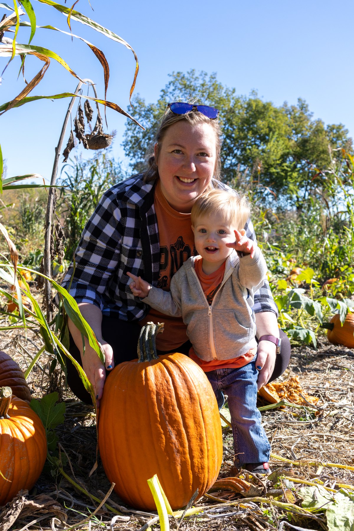 Family autumn portrait in a pumpkin patch